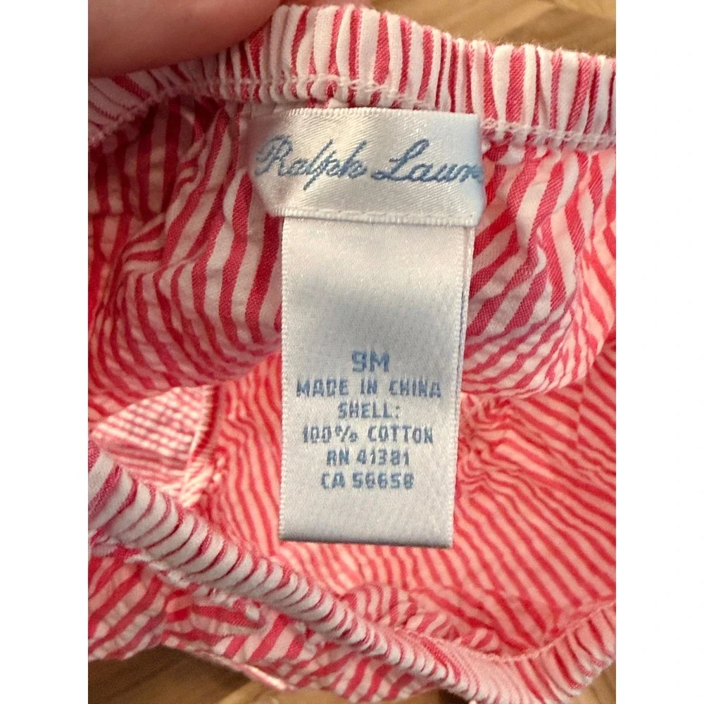 Ralph Lauren Baby‎ Girl Pink White Seersucker Stripe Ruffle Dress Set 9M